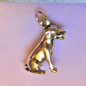 May include: Silver charm of a sitting dog. The dog is facing to the right and has a shiny silver finish.