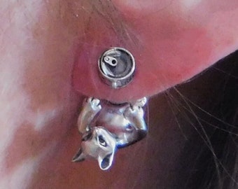 Handmade Sterling Silver Cute Cat reaching for can of cat food single stud earring