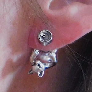 Handmade Sterling Silver Cute Cat reaching for can of cat food single stud earring