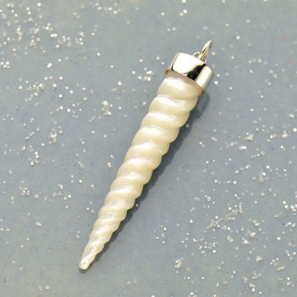 Hand Carved Mother of Pearl Unicorn Horn Pendant 47 x 8 mm