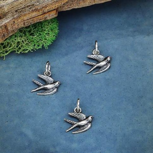 Sterling Silver Flying Swallow Charm 14 x 11 mm