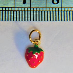 14k Solid Gold Strawberry Charm with Red and Green Enamel 13 x 6 mm