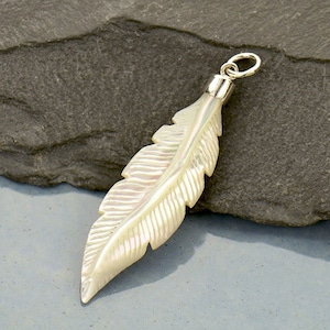 Hand Carved Mother of Pearl Feather Pendant 44 x 11 mm