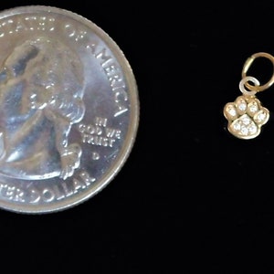 Tiny 14 k solid gold paw print charm with cubic Zirconia stones 5.5 mm