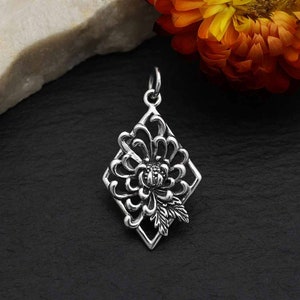 Sterling Silver Chrysanthemum Charm in a Diamond Frame 28 x 15 mm