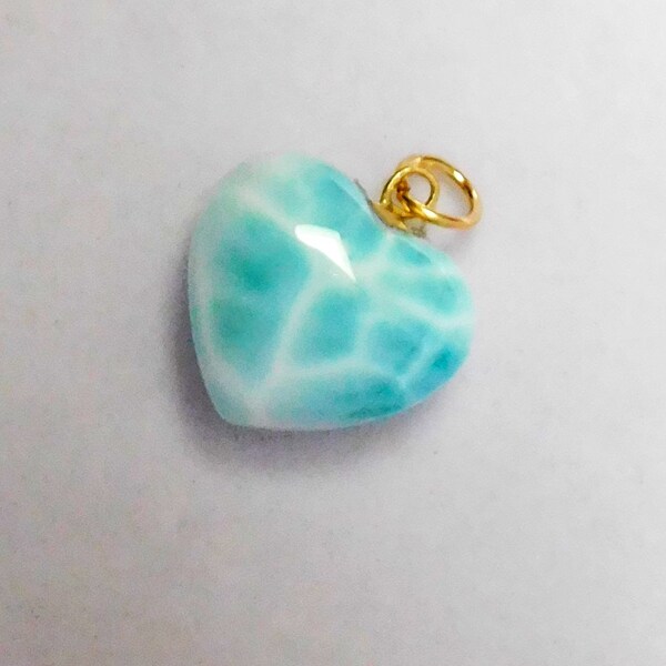 Ciondolo a forma di cuore in oro massiccio 14k e larimar di alta qualità 15 x 20 mm