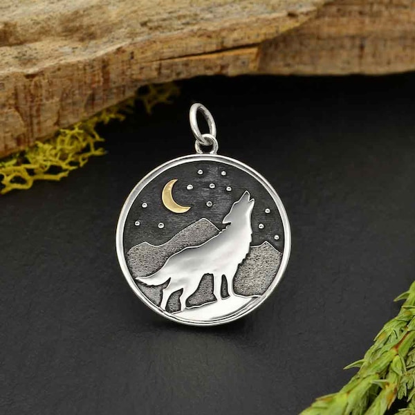 Sterling Silver Wolf and Mountain Pendant with Bronze Moon 26 x 20 mm
