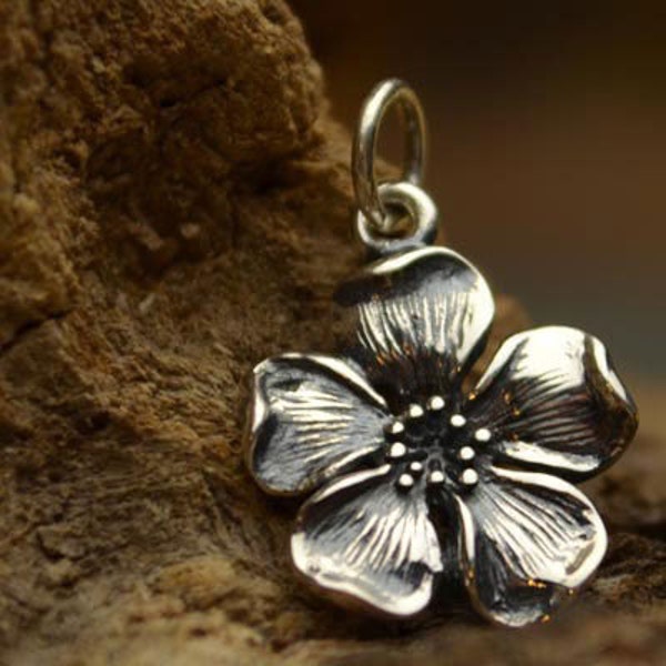 Sterling Silver Large Cherry Blossom Flower Pendant 18 x 12 mm
