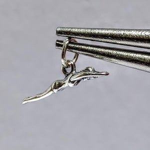 May include: A small, silver-colored charm depicting a swimmer in a diving pose. The charm is suspended from a small ring and held by a pair of metal tweezers against a light gray background. The swimmer is detailed.