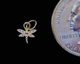 14k Solid Gold Dragon Fly Charm with Cubic Zirconia's. 7 mm