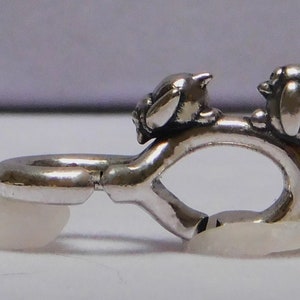 May include: Silver charm featuring two birds perched on a branch. The charm is designed to be used on a bracelet or necklace.