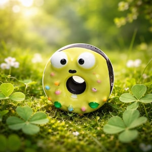 May include: A quirky, yellow ceramic donut figurine with cartoon eyes and a surprised expression. The donut is decorated with colourful sprinkles and a black centre hole. It rests on a bed of green grass.