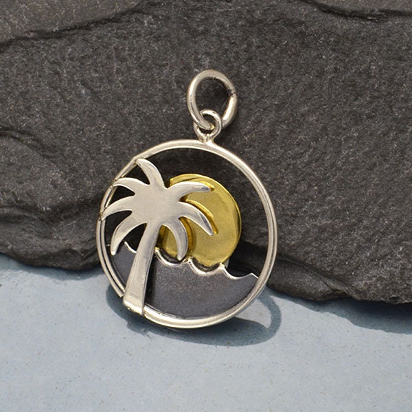 Sterling Silver Round, Layered Palm Tree and Ocean Charm with Bronze Sun 22 x 15 mm