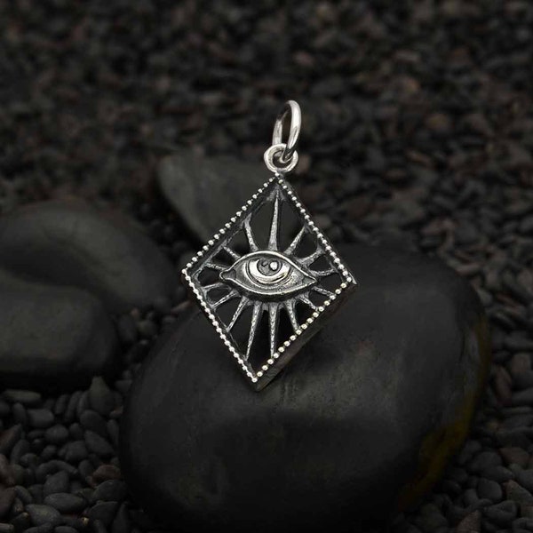 Sterling Silver Eye Charm in Diamond Shaped Frame 23 x 14 mm