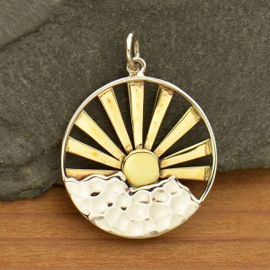 Sterling Silver Mountain Range Pendant with Bronze Sun Rays 26 x 22 mm