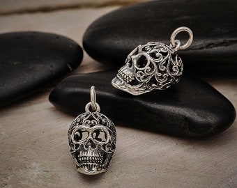 Sterling Silver Sugar Skull Charm with Filigree Scroll Work 20 x 10 mm