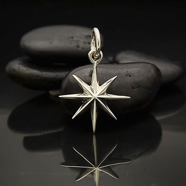 Sterling Silver Ridged Star Burst Charm with Eight Points 17 x 12 mm