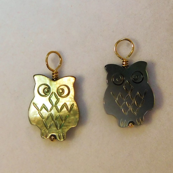 14k Solid Gold and Carved Black lipped oyster shell Owl charms (Quantity 2)