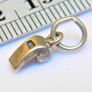 Pode incluir: Um berloque de apito de prata com um anel para prender a um colar ou pulseira.