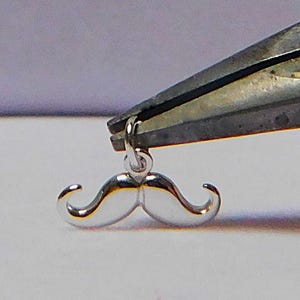 May include: A silver charm in the shape of a mustache. The charm is being held by a pair of pliers.