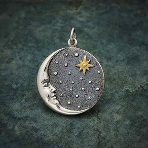Sterling Silver Crescent Moon Face Pendant with Bronze Star 27 x 21 mm