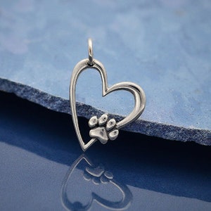 Sterling silver heart pendant with animal paw 21 x 14 mm