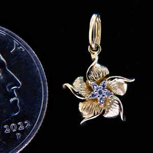 14k Solid Gold Plumeria Pendant with a Genuine, Natural Diamond Center 12 mm