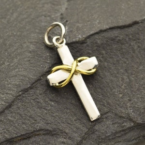 Sterling Silver Cross Pendant with Bronze Infinity Symbol on Cross bar 22 x 10 mm