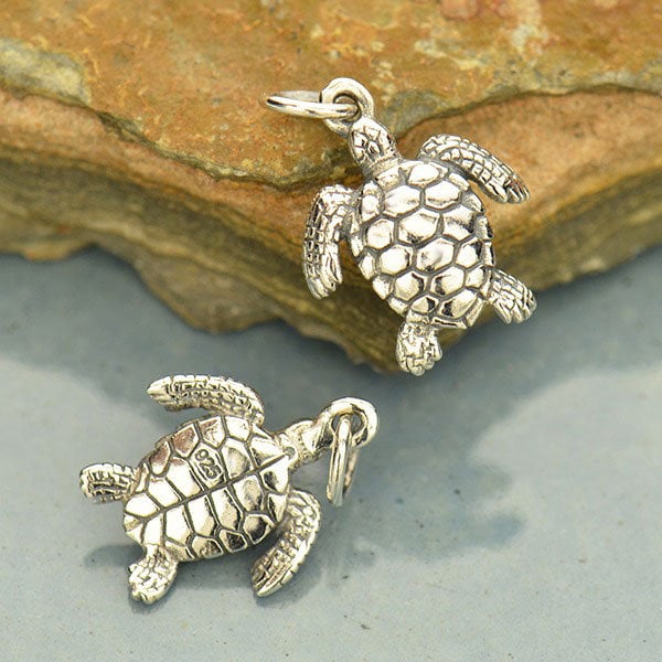 Sterling Silver  3D Sea Turtle Beach Charm 18 x 12 mm