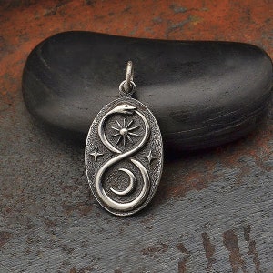 Sterling Silver Oval Snake Pendant with Sun and Moon 26 x 13 mm