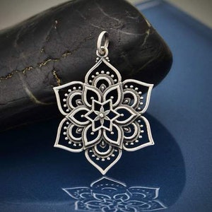 Sterling Silver Openwork Lotus Mandala Pendant 31 x 22 mm