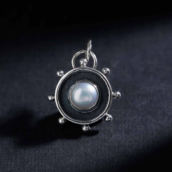 Sterling Silver Sun Shadow Box pendant with granulation and a genuine, natural pearl