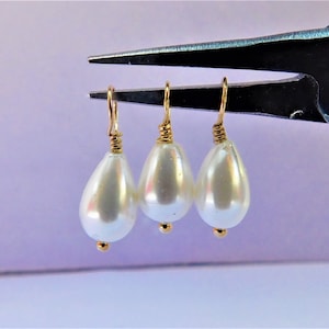 Quantity 3 14k Solid Gold and Drop shaped, Genuine Freshwater White Pearl Charms Approx. 18 x 7 mm