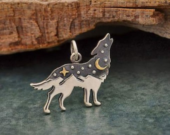 Sterling silver wolf charm with bronze star and moon. Includes jump ring. Measures 17 x 20 mm