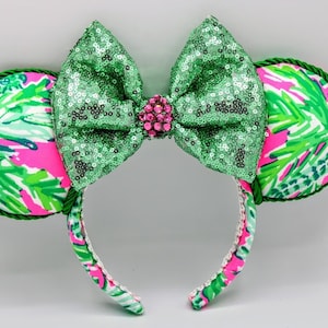 Lily Mouse Ears hand made in Green and Hot pink with Green Sparkle Bow