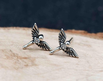 Sterling Silver Mini Angel Wings Stud Earrings, Punk Gothic Jewelry