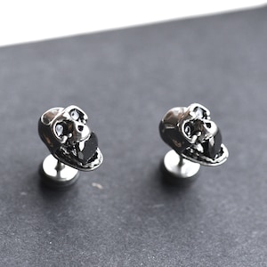 Stainless Steel Skull Earrings, CZ Stud Screw Back, Punk Gift