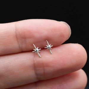 Può includere: Un paio di piccoli orecchini a lobo a forma di stella argentata. Ogni orecchino presenta un punto centrale con più linee radiali, creando un design a forma di stella. Gli orecchini sono mostrati su uno sfondo sfocato.