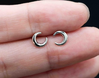 Sterling Silver Mini Crescent Stud Earrings, Gothic Punk Jewelry