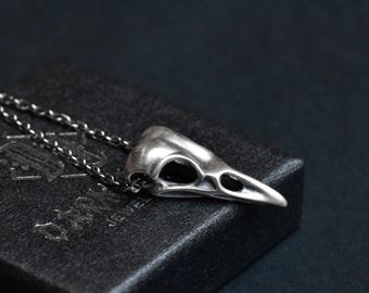 May include: A silver-colored raven skull pendant on a chain. The pendant is detailed with eye sockets and a beak, resting on a black textured surface. The chain is also silver and appears to be a delicate link style. The overall theme is gothic or alternative jewelry.
