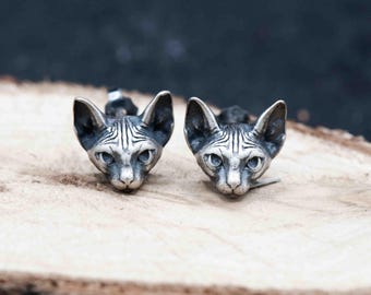 Sterling Silver Cat Stud Earrings Mens Womens Gothic Punk Jewellery Gift