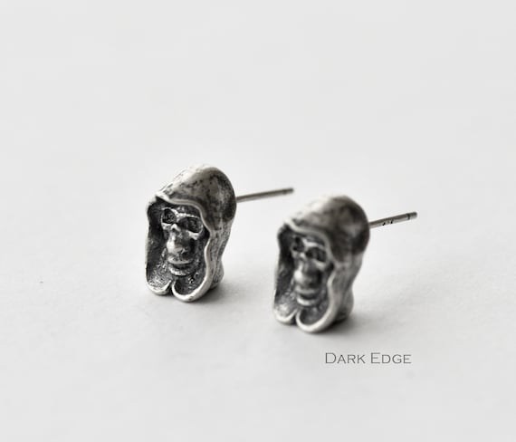 Orecchini A Teschio Grim Reaper In Argento 925 Con Zirconi - Gioielli Gotici Da Donna, 12x10 Mm
