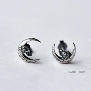 Sterling Silver Crescent Skull Stud Earrings Mens Womens Gothic Punk Jewellery Gift