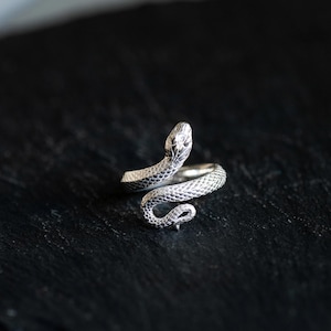 Peut inclure: Une bague en argent en forme de serpent avec un design texturé détaillé. Le serpent est enroulé et la tête est levée, avec une petite pierre ronde dans l'œil.