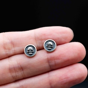 Sterling Silver Skull Earrings Circle Stud Mens Womens Gothic Punk Jewellery Gift by Dark Edge Jewellery