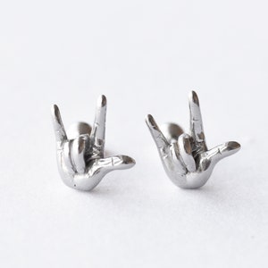 Stainless steel earrings screw back earrings silver rock love hand sign earrings Mens earrings Punk gift by Dark Dream