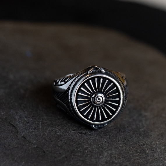 Stainless Steel Spiral Sun Geometric Mens Statement Ring Mens Gift