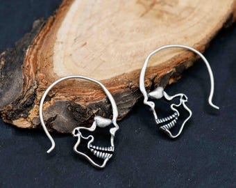 Sterling Silver Skull Hoop Earrings: 3D Gothic Jewelry