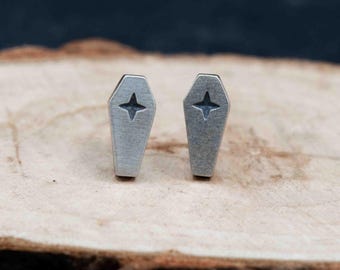Sterling Silver Cross Coffin Stud Earrings Mens Womens Gothic Jewellery Gift