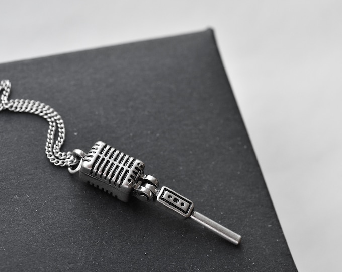 Mens Microphone Pendant Necklace - Punk Style, Silver Alloy